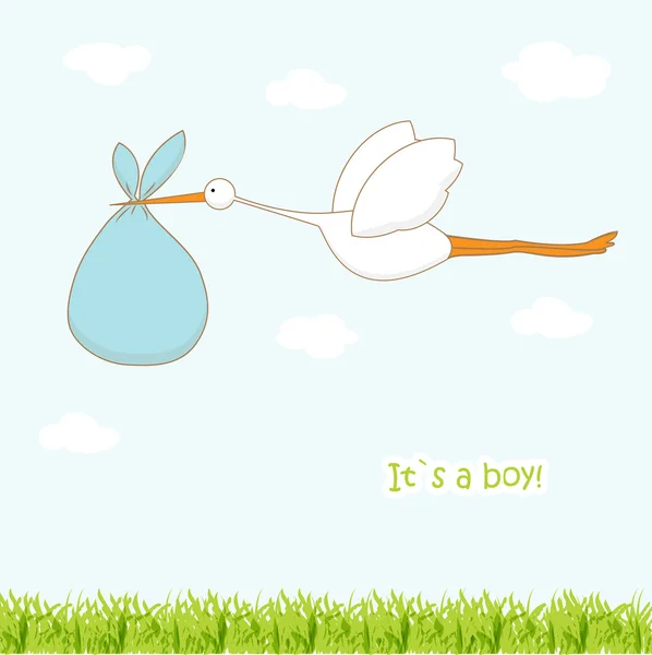 Baby arrival card with stork that brings a cute boy — Stock Photo, Image