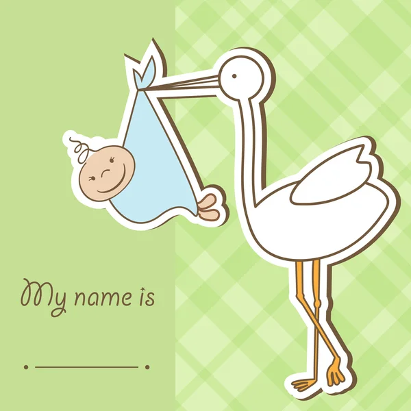 Cartão de chegada do bebê com cegonha que traz um menino bonito — Fotografia de Stock