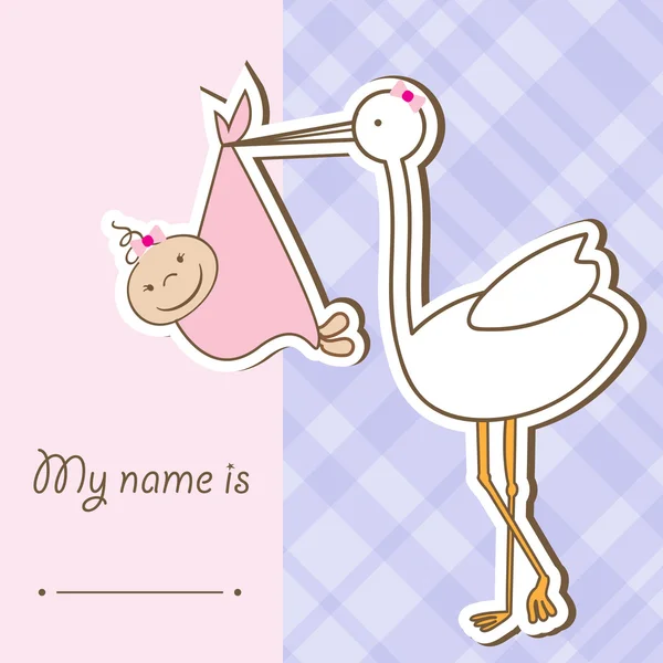 Cartão de chegada do bebê com cegonha que traz uma garota bonita — Fotografia de Stock