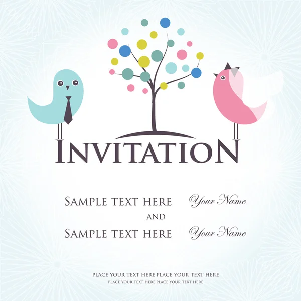Uitnodiging voor bruiloft met twee schattige vogels in bruid en bruidegom kostuums — Stockfoto