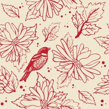 Bird sitting on the flower branch, hand drawn illustration