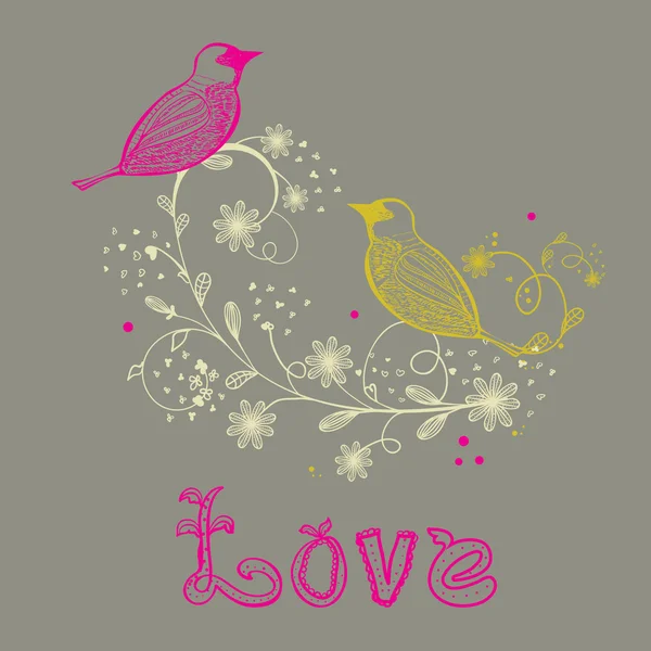 Pájaro sentado en la rama de la flor, ilustración dibujada a mano — Foto de Stock