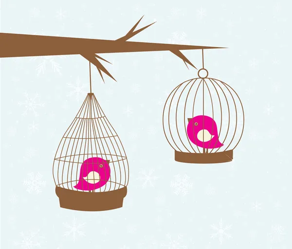 Tarjeta de Navidad vintage con dos pájaros lindos en las jaulas —  Fotos de Stock
