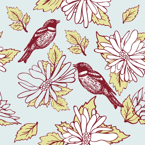 Bird sitting on the flower branch, hand drawn illustration — Stockfoto