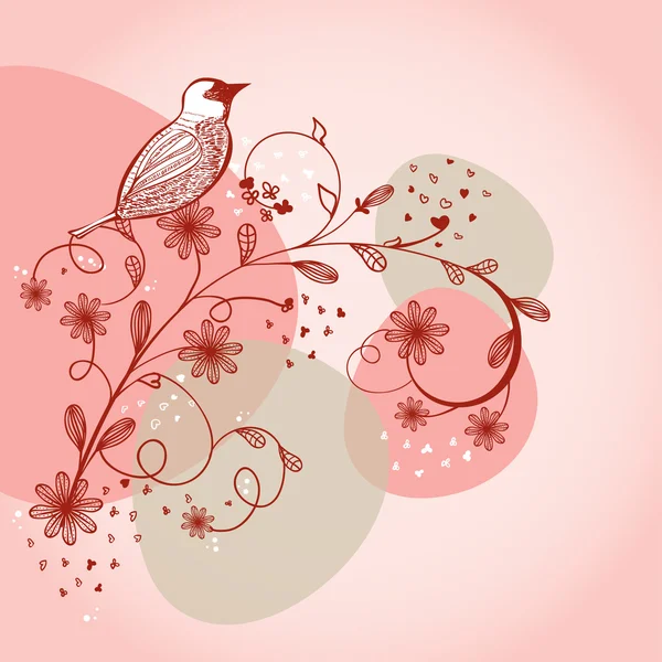 Pássaro sentado no ramo da flor, ilustração desenhada à mão — Fotografia de Stock