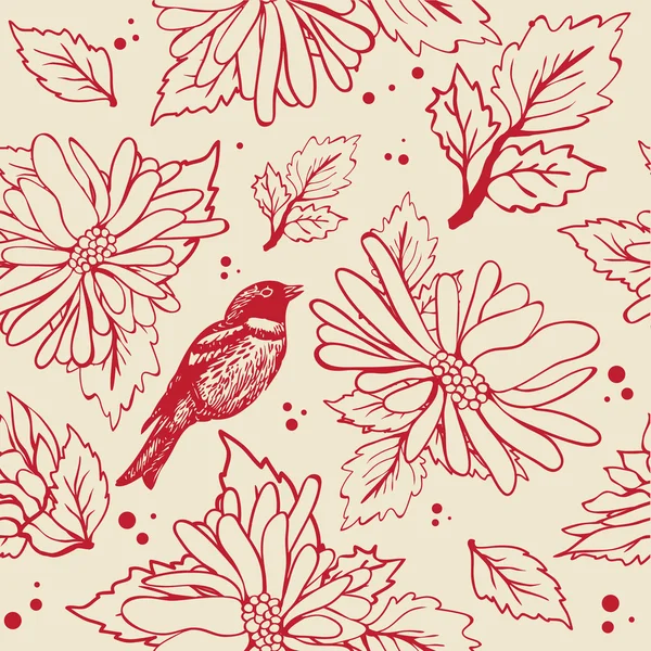 Uccello seduto sul ramo del fiore, illustrazione disegnata a mano — Foto Stock