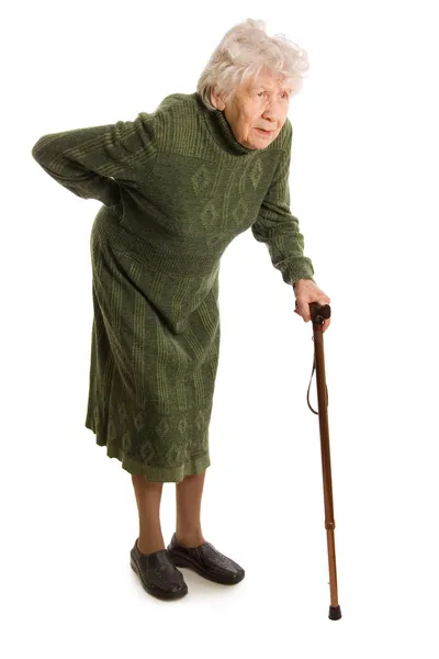 Abuela sosteniendo un bastón sobre fondo blanco — Foto de Stock