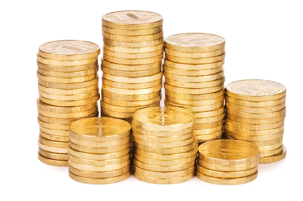 Zlaté mince izolované na bílém pozadí — Stock fotografie
