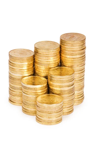 Χρυσά νομίσματα που απομονώνονται σε λευκό φόντο — Φωτογραφία Αρχείου