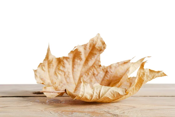 Φθινόπωρο φύλλο σφενδάμνου σε ξύλινη επιφάνεια — Φωτογραφία Αρχείου