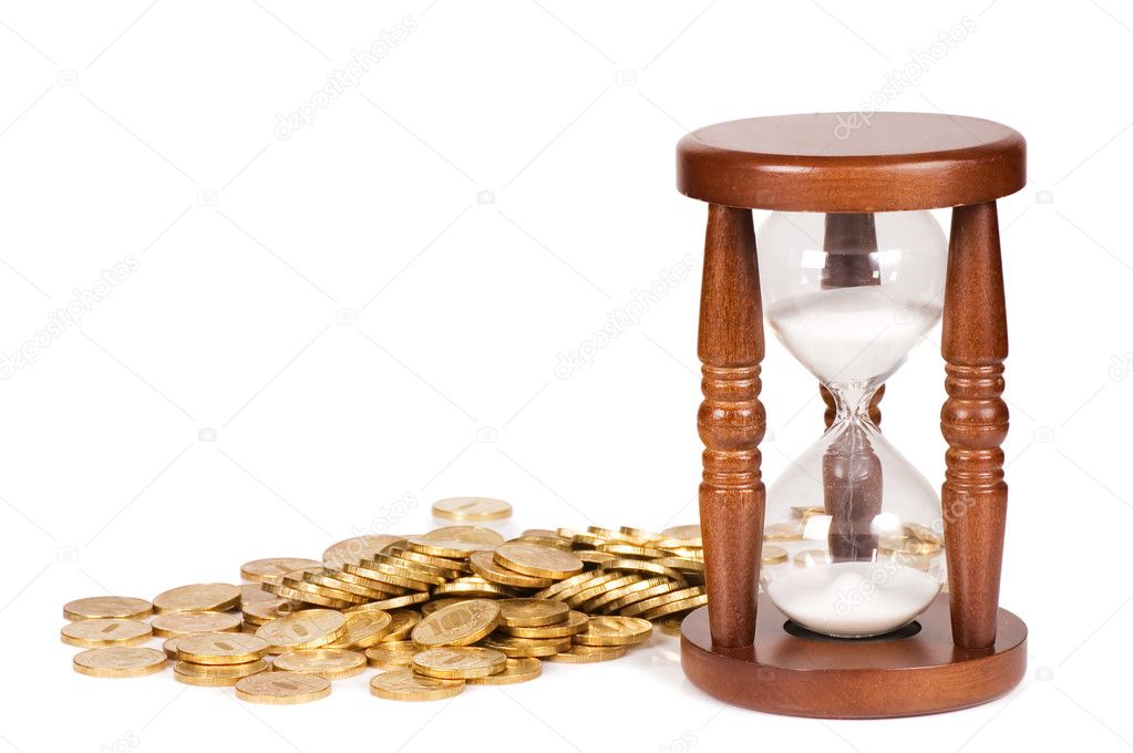 Hourglasses and coin isolated on white