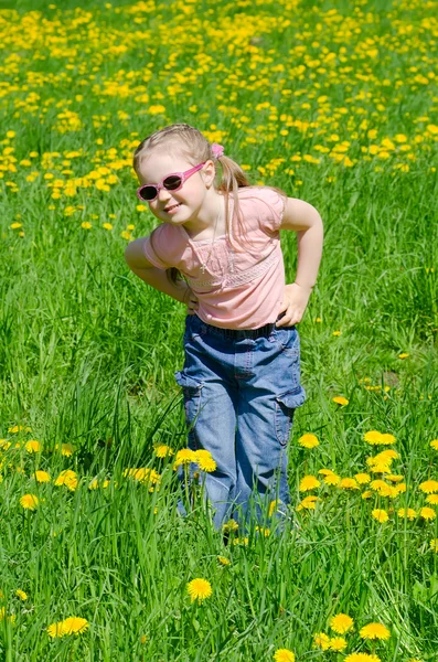 The little beautiful girl collects dandelions — Stock Photo, Image