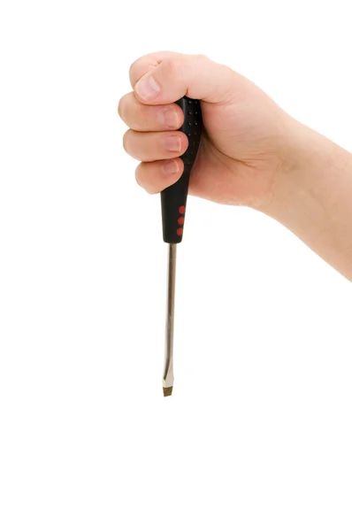 Hand holding screwdriver isolated over white — Stock Photo, Image