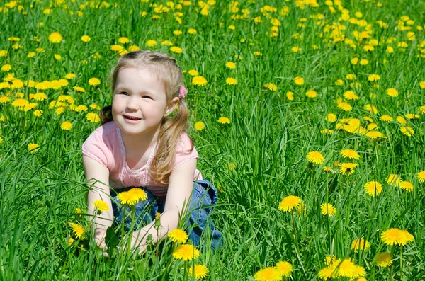 The little beautiful girl collects dandelions — Stock Photo, Image