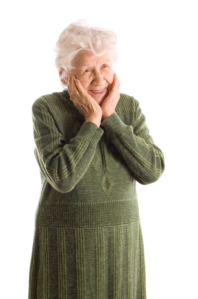 De oudere vrouw geïsoleerd op wit — Stockfoto