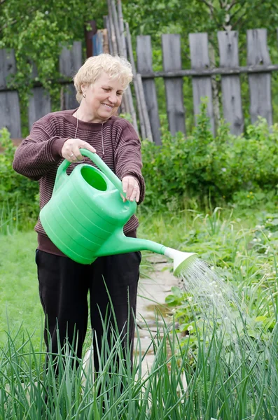 A mulher idosa trabalha em um jardim de cozinha — Fotografia de Stock