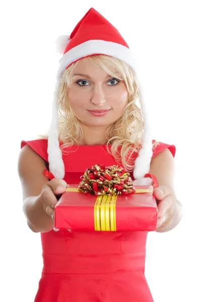 Kerstmis meisje met geschenken geïsoleerd — Stockfoto