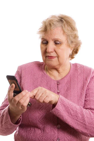 The elderly woman speaks on phone — Stock Photo, Image