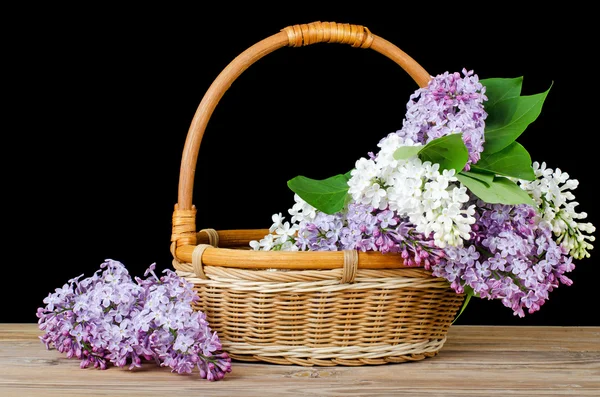 Ramo de lila en una cesta de mimbre — Foto de Stock