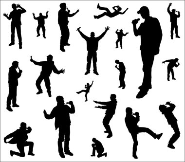 Silhouettes of a dancing and singing men.