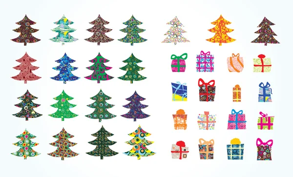 Collection Christmas Fur-tree and Gift box — Stock Vector