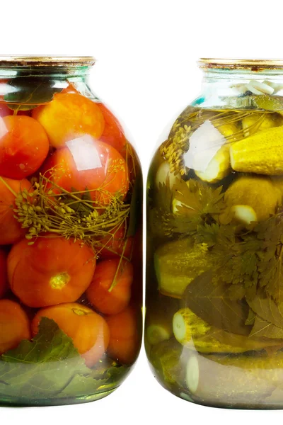 Jars of pickles and tomatoes — Stock Photo, Image