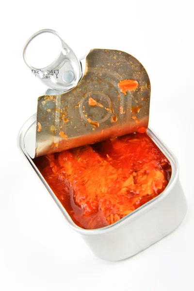 Box with mackerel in tomato sauce — Stock Photo, Image