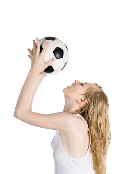 Helles Bild der jungen Blondine mit Fußball — Stockfoto