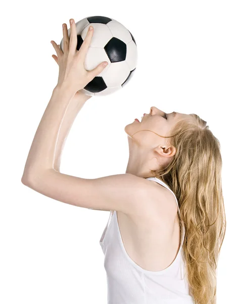 Jasne zdjęcie młodej blondynki z piłką nożną — Zdjęcie stockowe