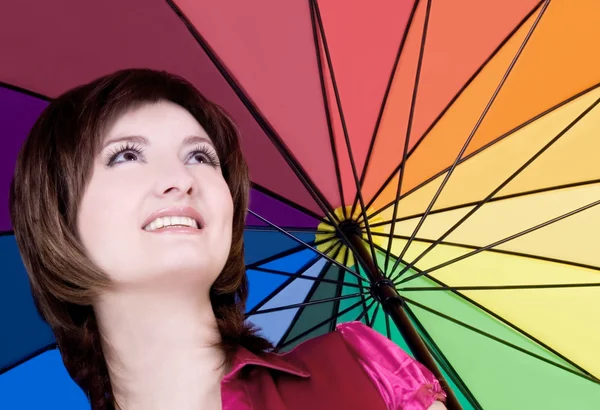Piękna kobieta z kolorowy parasol — Zdjęcie stockowe