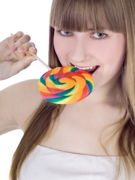 Jasný obrázek o hlad blondýnka s barevné lízátko — Stock fotografie
