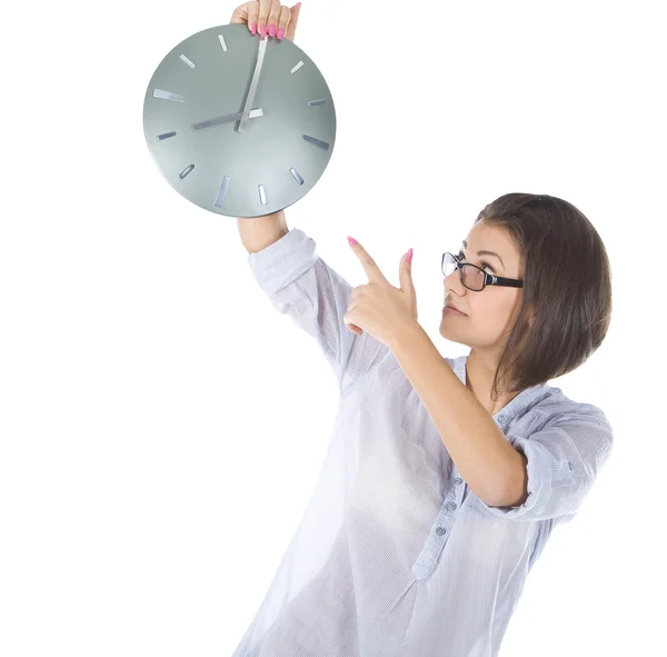Jasny obraz kobieta z dużym zegarem — Zdjęcie stockowe