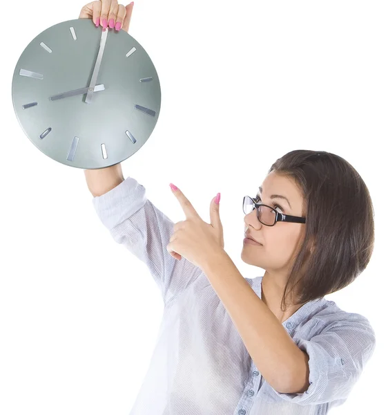 Image lumineuse de femme d'affaires avec grande horloge — Photo