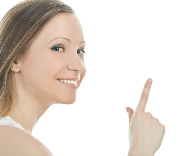 Bright picture of attractive woman pointing her finger — Stock Photo, Image