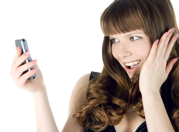 Bright picture of happy woman with cell phone — Stock Photo, Image