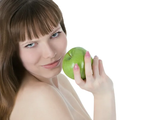 Зображення щасливої жінки з зеленим яблуком — стокове фото
