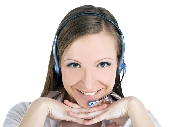 耳机的美丽客户服务运营商女人 — 图库照片