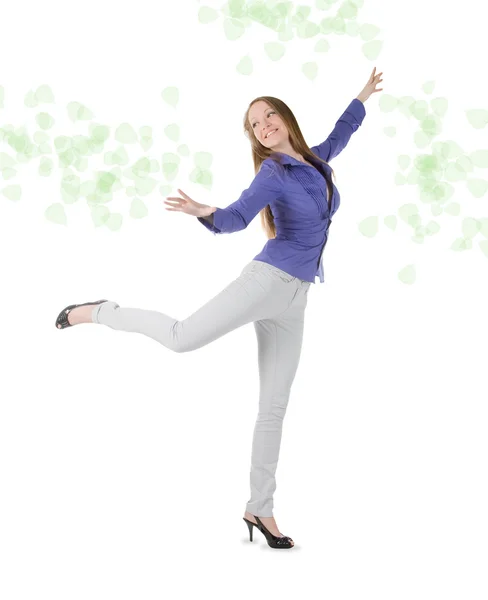 Young happy woman standing against white background — Stock Photo, Image
