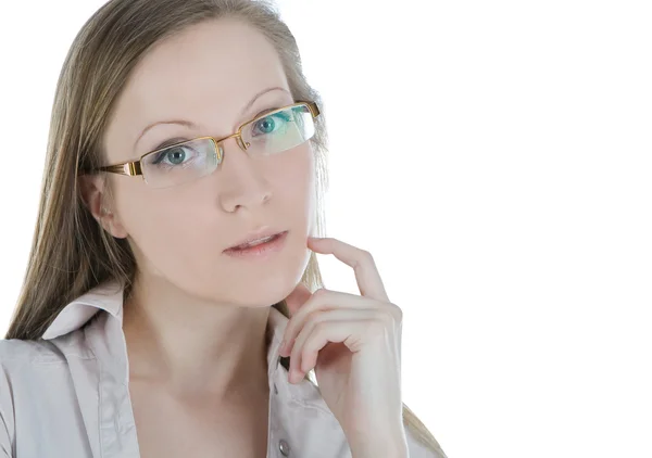 Mulher bonita com óculos isolados sobre um fundo branco — Fotografia de Stock