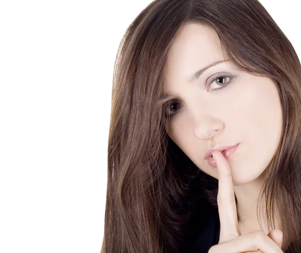 Яркая фотография молодой женщины с пальцем на губах над белым — стоковое фото