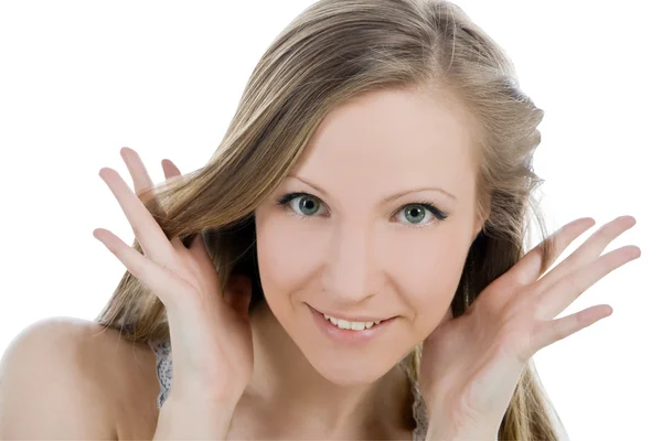 Imagem brilhante de rosto de mulher sorridente com a mão dela ouvir — Fotografia de Stock