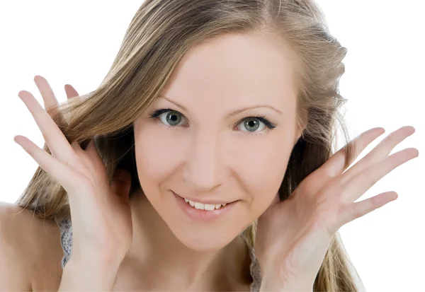 Imagem brilhante de rosto de mulher sorridente com a mão dela ouvir — Fotografia de Stock