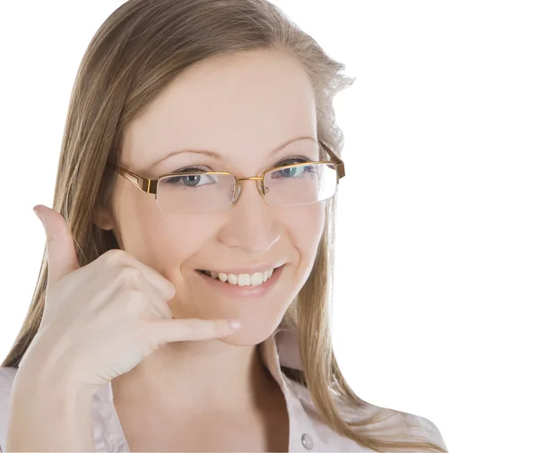 Beautiful woman making a call me gesture over white — Stock Photo, Image
