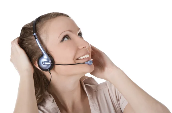 Hermosa mujer operador de servicio al cliente con auriculares —  Fotos de Stock