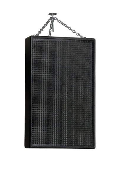 Powerful audio system suspended on chains over white — Stock Photo, Image