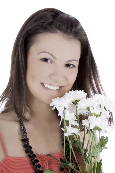 Ładny kobieta w czerwonej sukience z kwiatami, pozowanie na biały — Zdjęcie stockowe