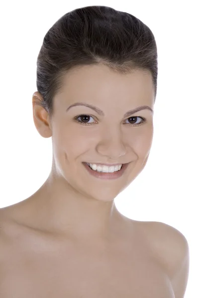Jasne obraz uśmiechający się brunetka w białej — Zdjęcie stockowe