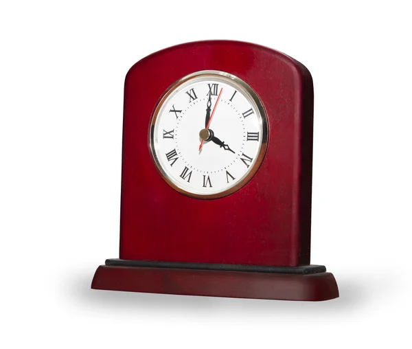 Κομψό ρολόι από κόκκινο ξύλινα απομονωθεί σε λευκό — Φωτογραφία Αρχείου