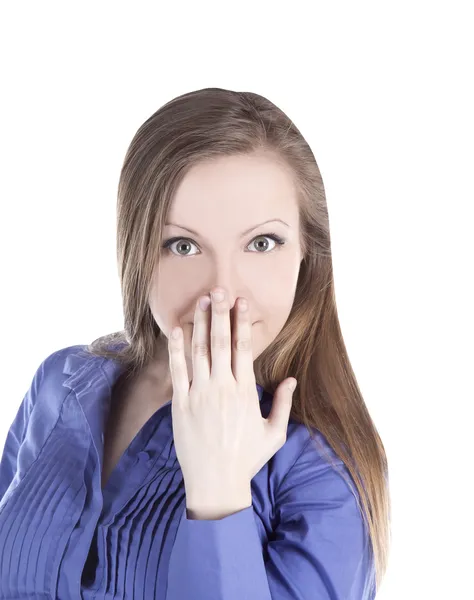 Bright picture of young woman with hands over mouth — Stock Photo, Image