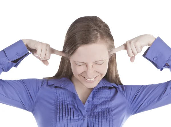 Foto van jonge vrouw met vingers in de oren — Stockfoto